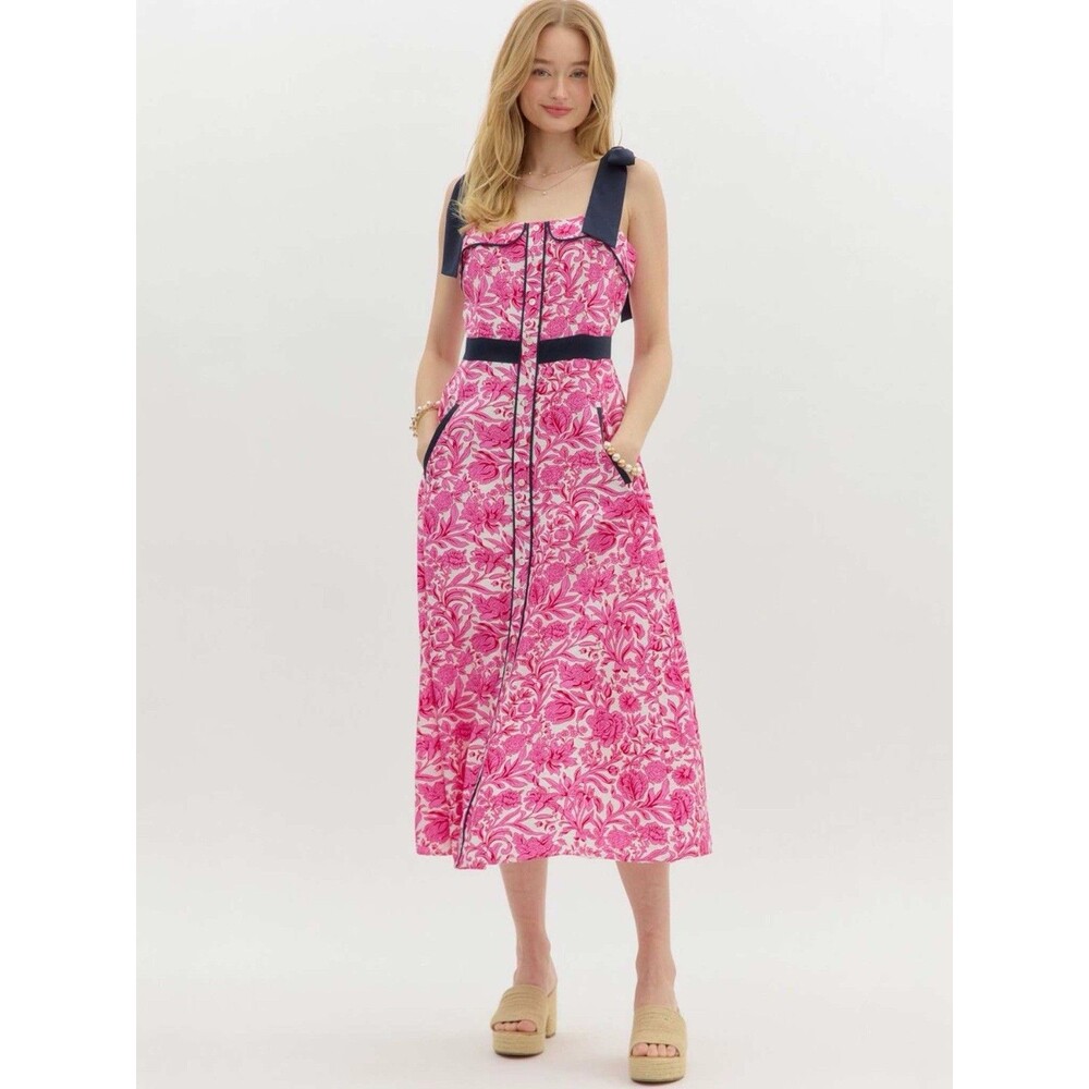 New Entro Midi Sun Dress Women's Medium Smock Pink Floral Tie Shoulder Feminine